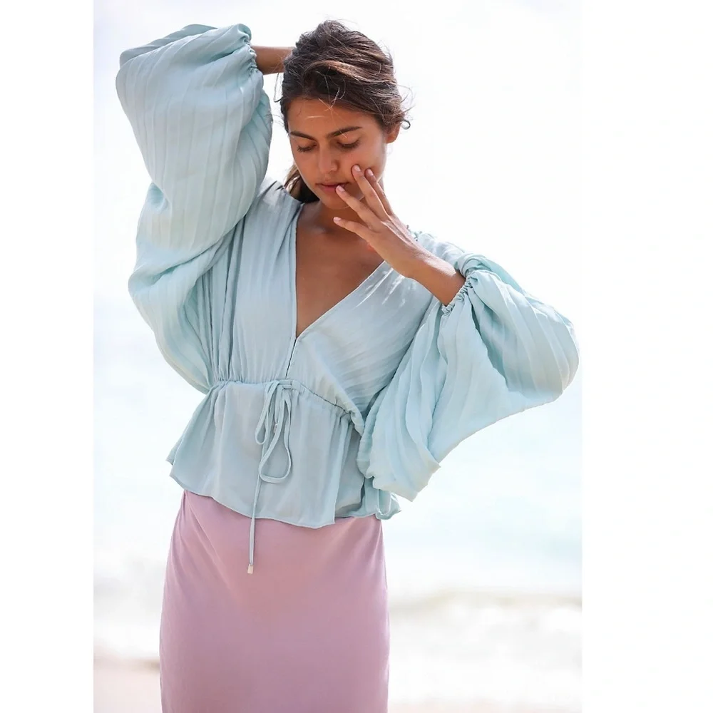 Free People Turquoise Pleated Billow Blouse XS NWT